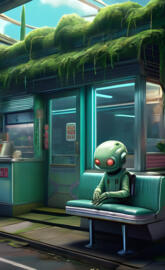 a green frog sitting on a bench