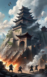 a building with a tower and people below