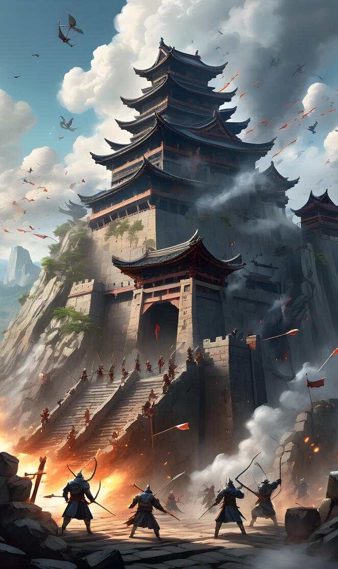 a building with a tower and people below