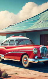 a red car parked in front of a building