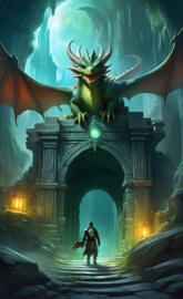 a person in a garment in a cave with a large painting above