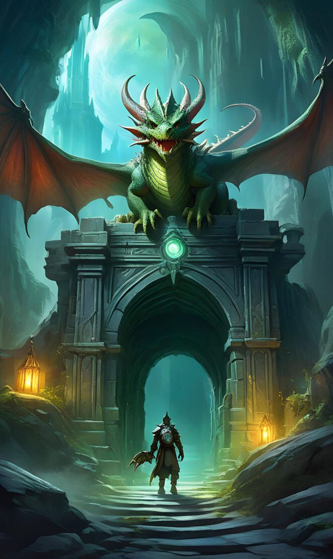 a person in a garment in a cave with a large painting above