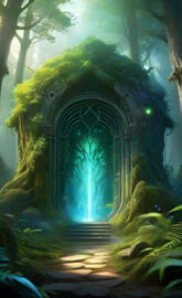 A glowing portal in the middle of an ancient magical forest.