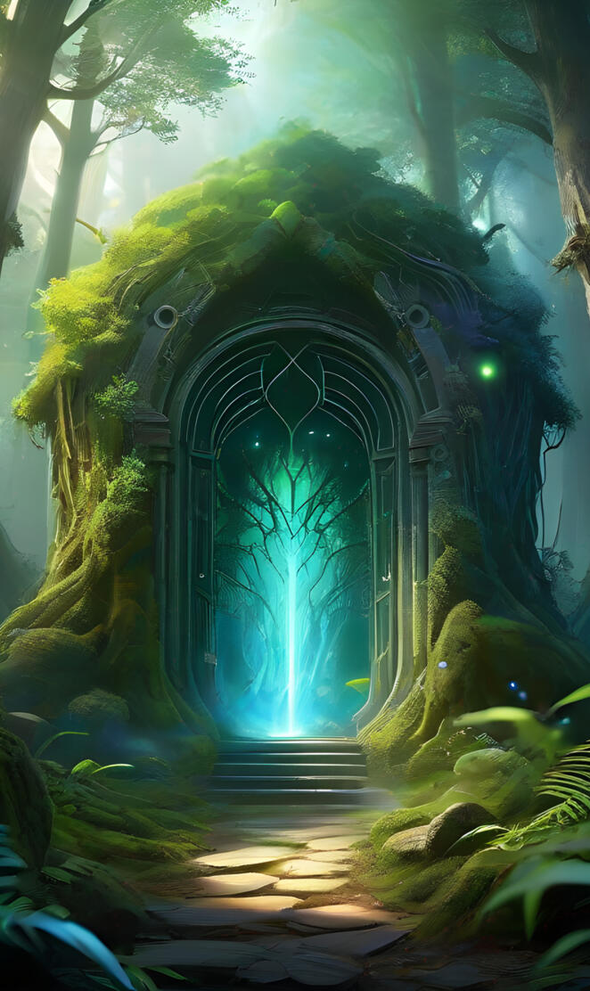 A glowing portal in the middle of an ancient magical forest.