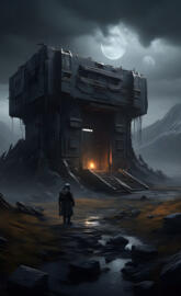 a person standing in front of a building on a rocky hill