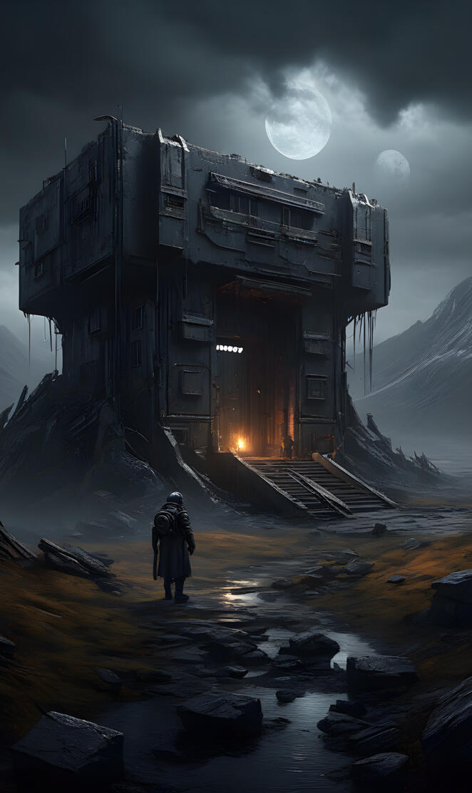 a person standing in front of a building on a rocky hill