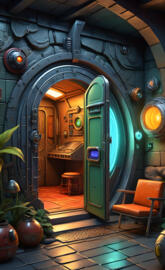 a room with a green door and chairs