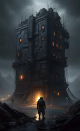 a person walking in front of a building that is falling apart