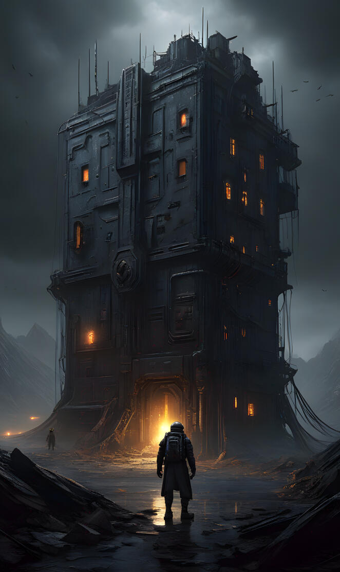 a person walking in front of a building that is falling apart