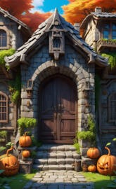 a house with pumpkins in front of it