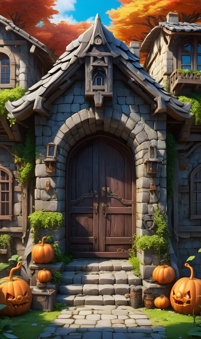 a house with pumpkins in front of it