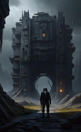 a man standing in front of a destroyed building