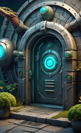 a large green bird statue next to a large black door