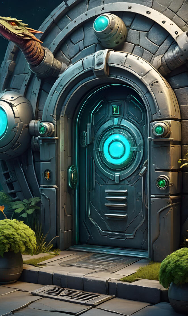 a large green bird statue next to a large black door