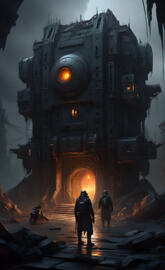 a group of people walking in a destroyed building