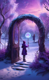a cartoon of a girl and a boy standing in a snowy forest