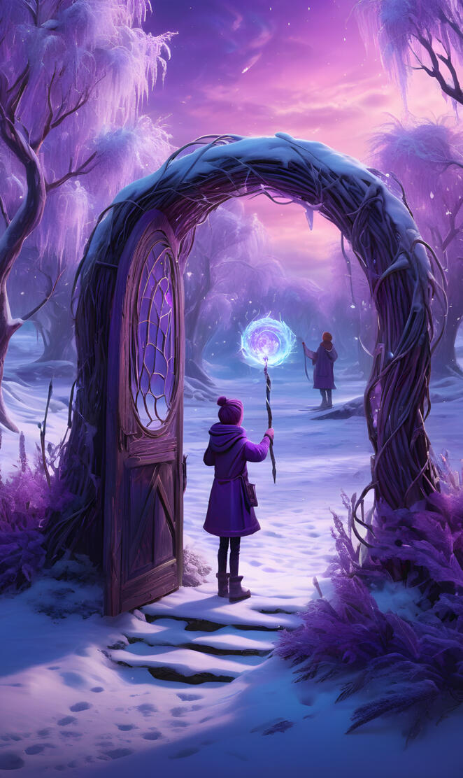 a cartoon of a girl and a boy standing in a snowy forest