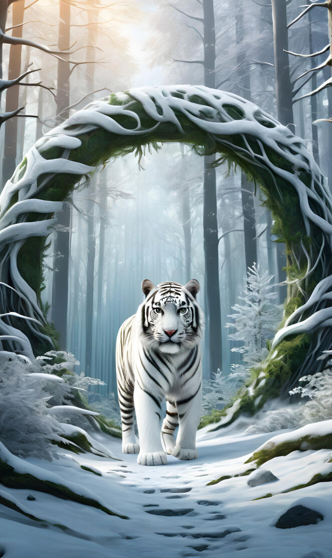 white tiger ina winter forest
