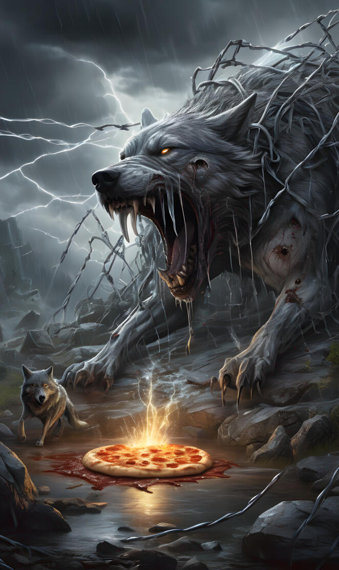 zombie wolf eating pizza