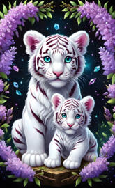 a cat and a kitten in a garden of purple flowers