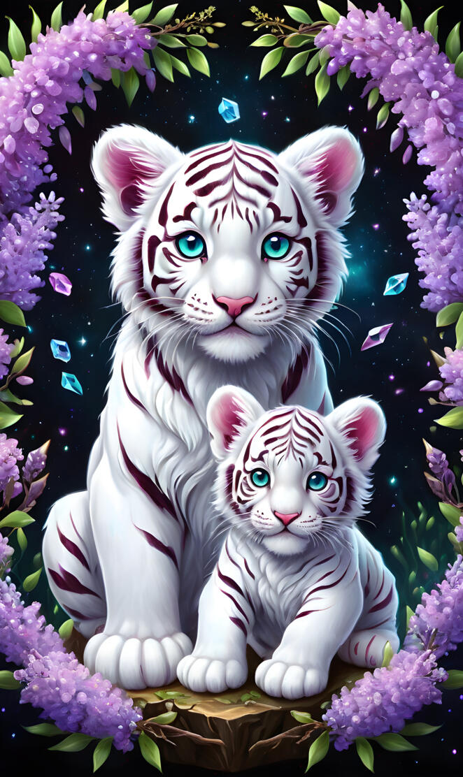 a cat and a kitten in a garden of purple flowers