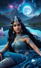 indian girl on the lake by the mountains