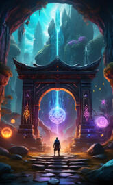 a person walking in a dark room with a large screen and lights