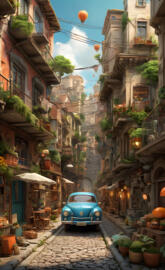 a blue car parked in a narrow alley between buildings