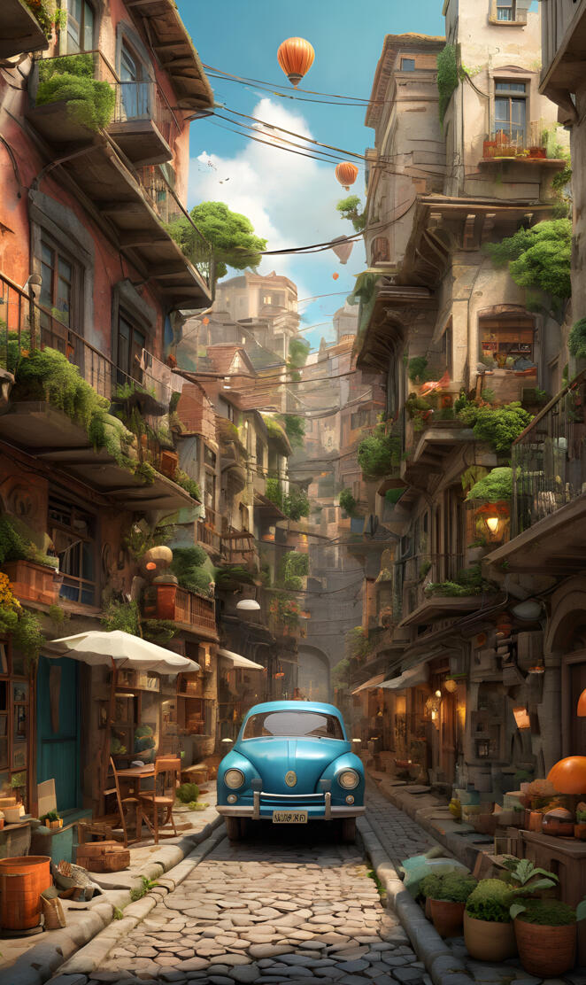 a blue car parked in a narrow alley between buildings