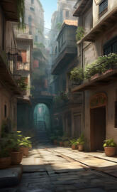 a stone walkway between buildings