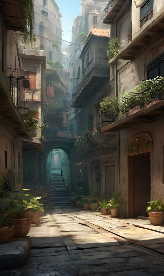 a stone walkway between buildings