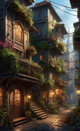 a stone staircase leading up to a house with a green roof