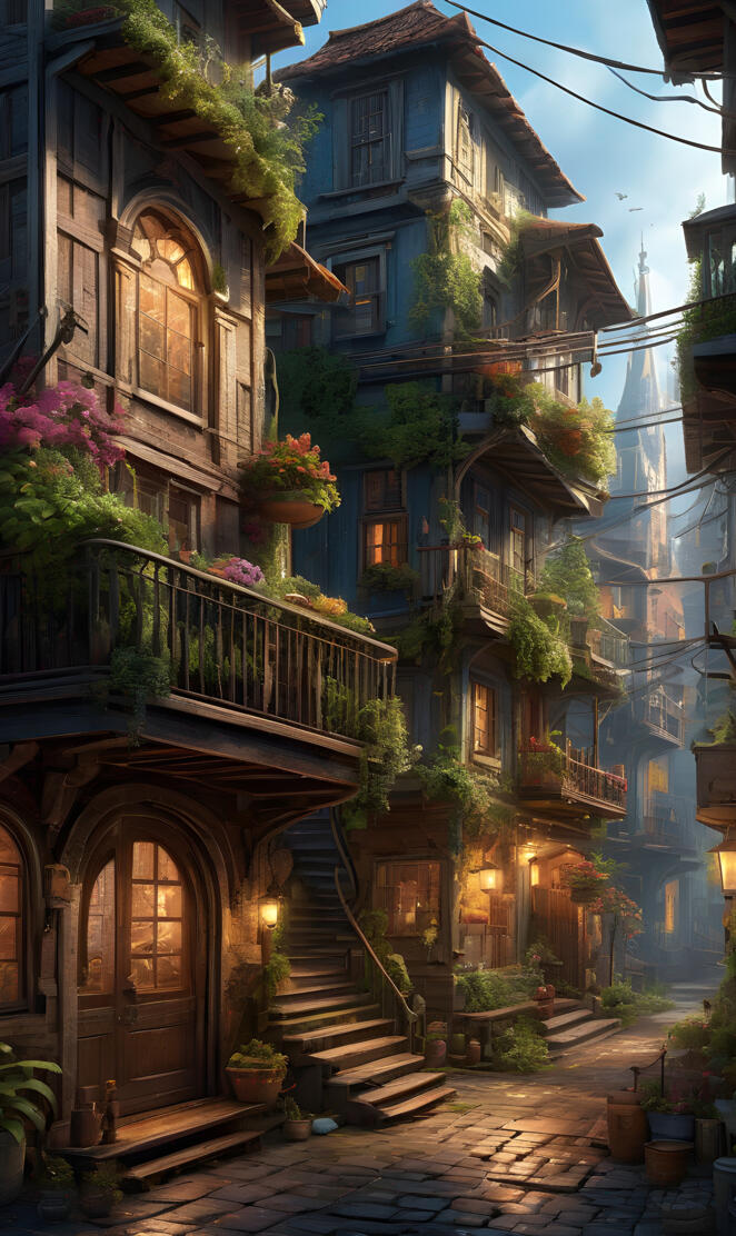 a stone staircase leading up to a house with a green roof