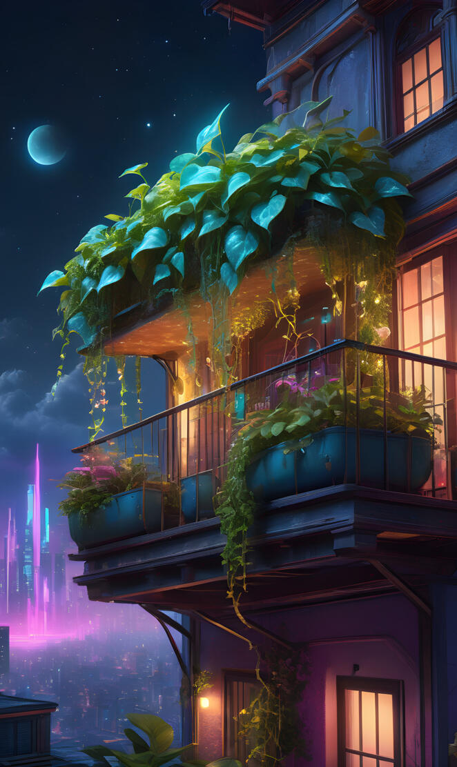 Solarpunk Lunarpunk balcony garden