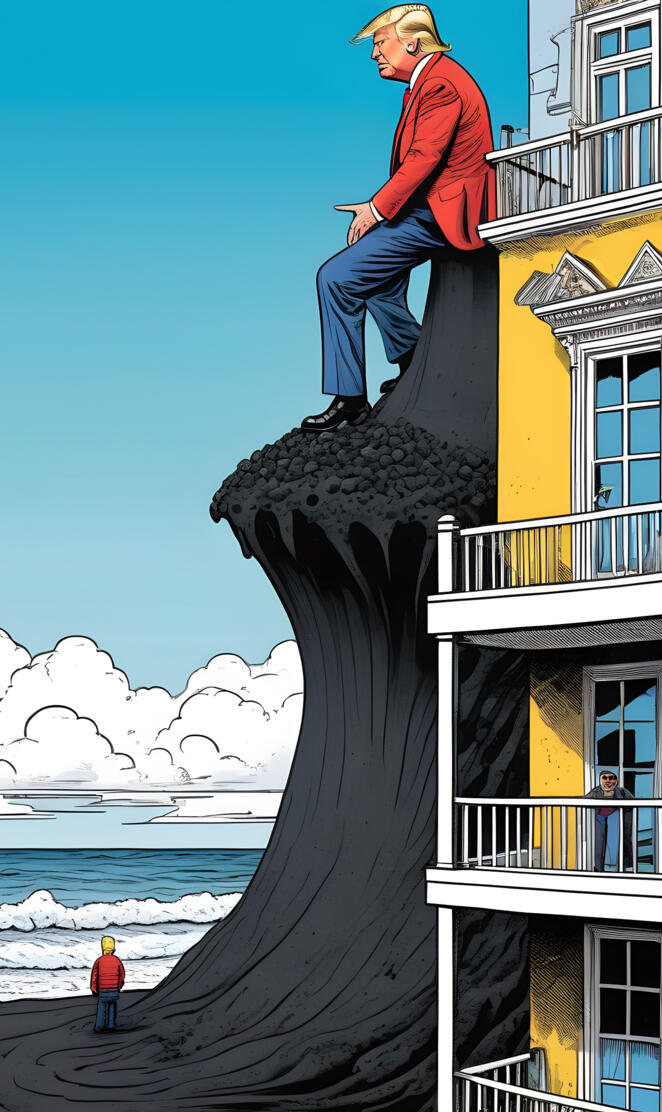 Donald Trump rules from a black sand castle. wait the tide