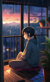 a person sitting on a window ledge