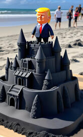 Donald Trump rules from a black sand castle and a surf coming in