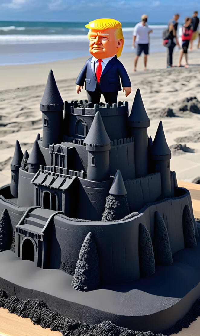 Donald Trump rules from a black sand castle and a surf coming in
