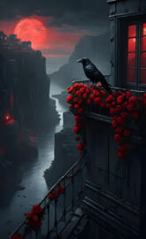 a crow on a balcony by a cliff and a river