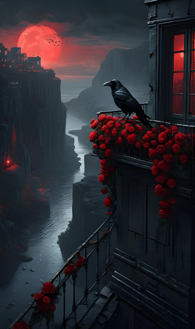 a crow on a balcony by a cliff and a river