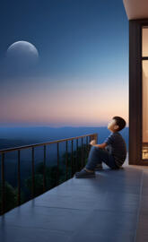 a boy sitting on a balcony