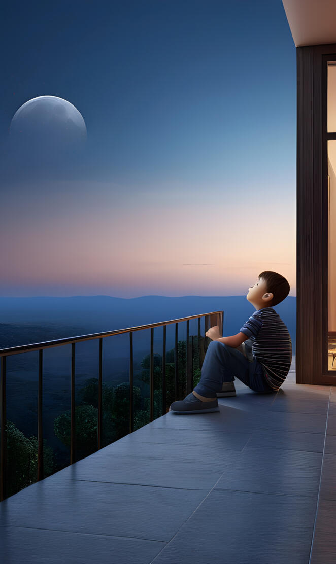 a boy sitting on a balcony