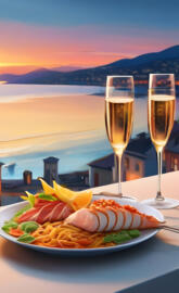 a plate of food and glasses of wine on a table