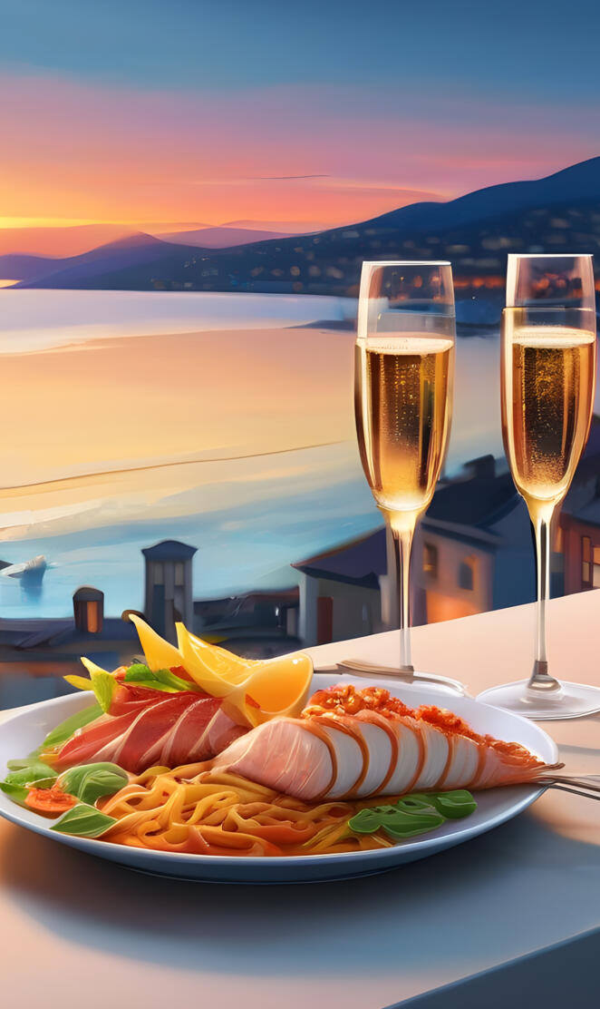 a plate of food and glasses of wine on a table