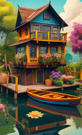a house with a pool and a deck with a boat in the front