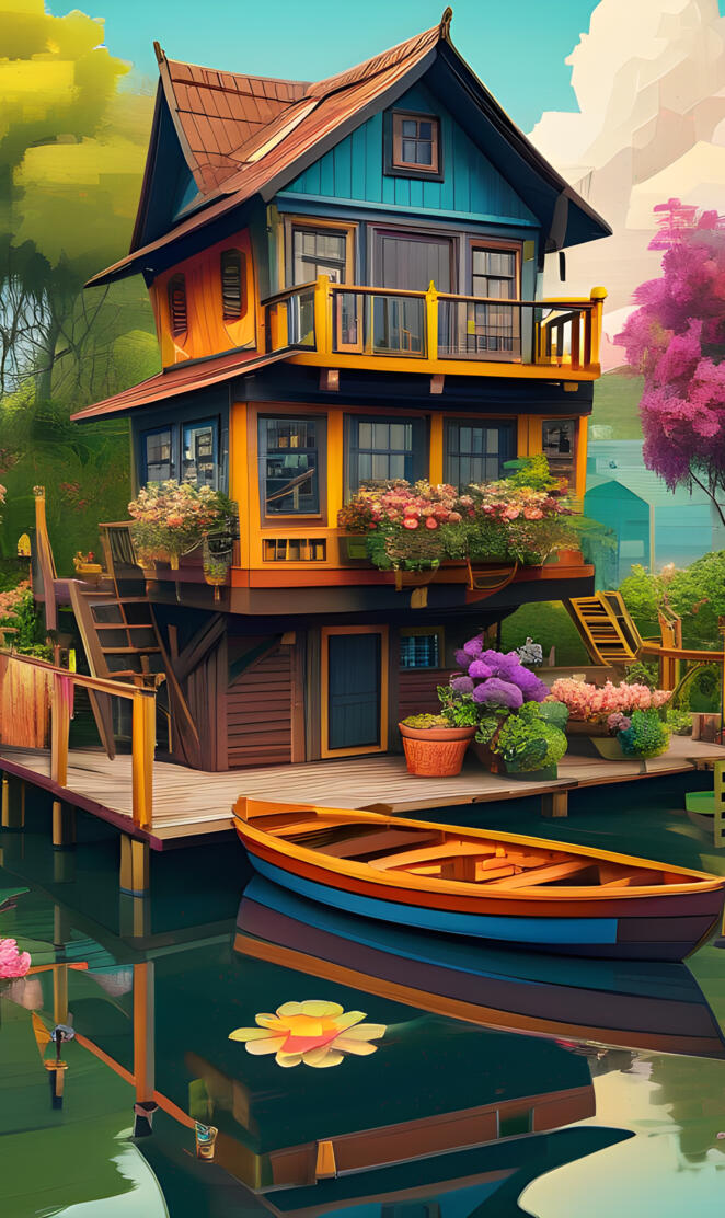 a house with a pool and a deck with a boat in the front