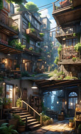 a building with balconies and a stone patio