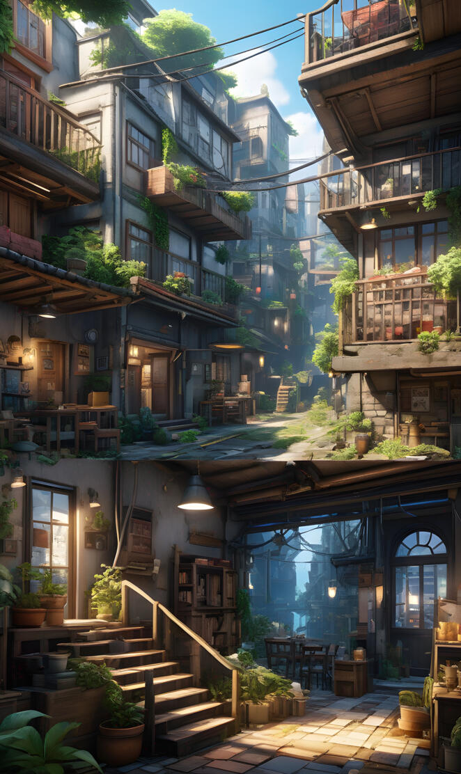 a building with balconies and a stone patio