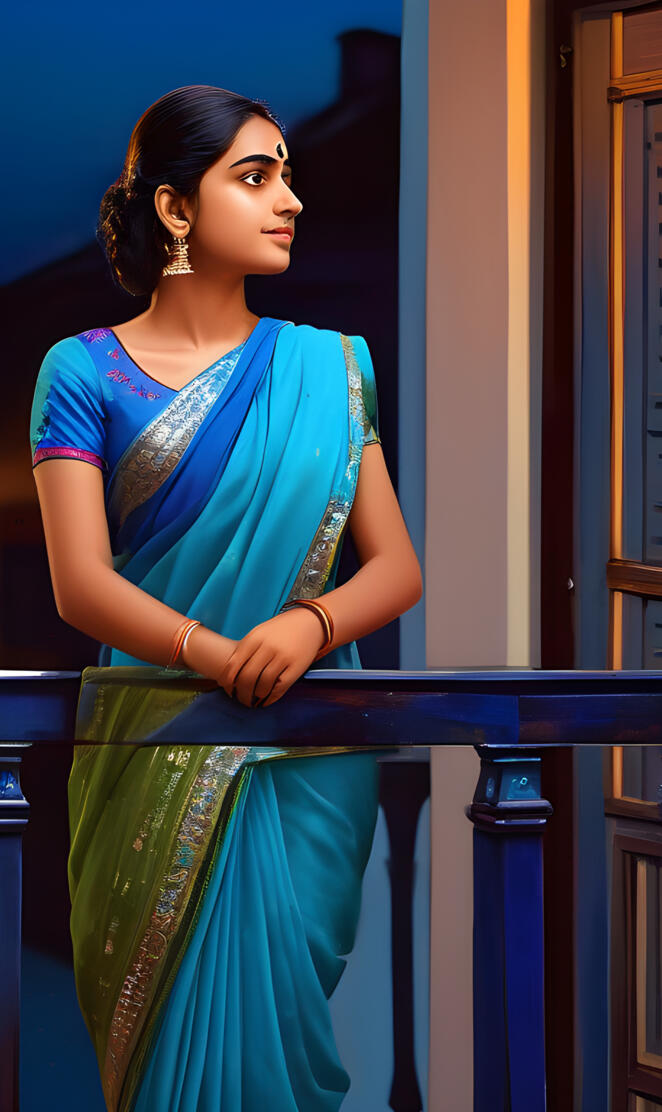 A 25-year-old girl named Lucky Akhter, wearing a blue saree, is standi