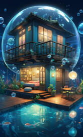 a room with a pool and a balcony with a pool and a large circular